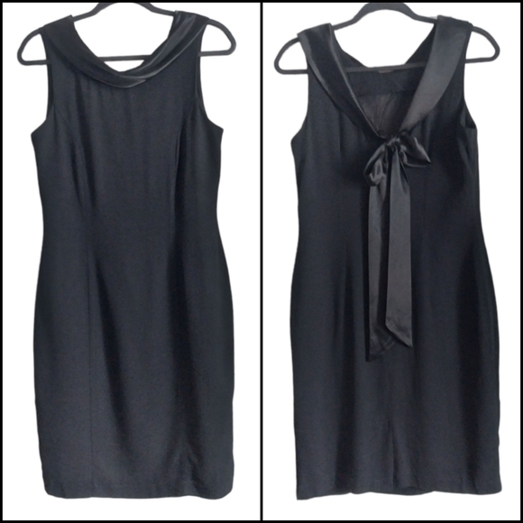 VINTAGE Betsy's Things Black Sleeveless Sheath Dress with Satin Trim - Picture 2 of 12